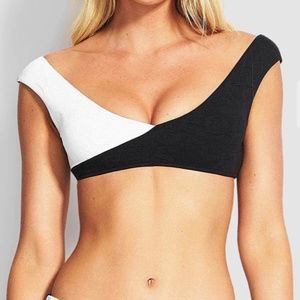 Seafolly Your Type Black White Wrap Crop Bikini Top